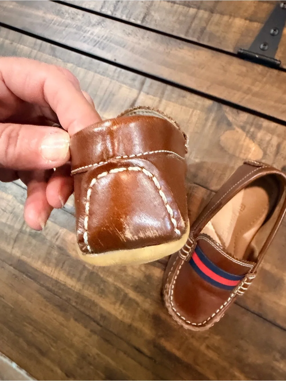 Elephantito Brown Leather Kids Loafers with Navy & Red Stripe